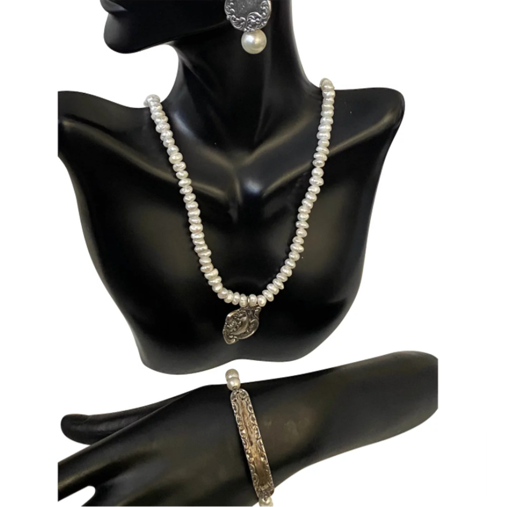 Vintage Toree Sterling Silver 925 Pearl Beaded Necklace Earrings & Bracelet Set